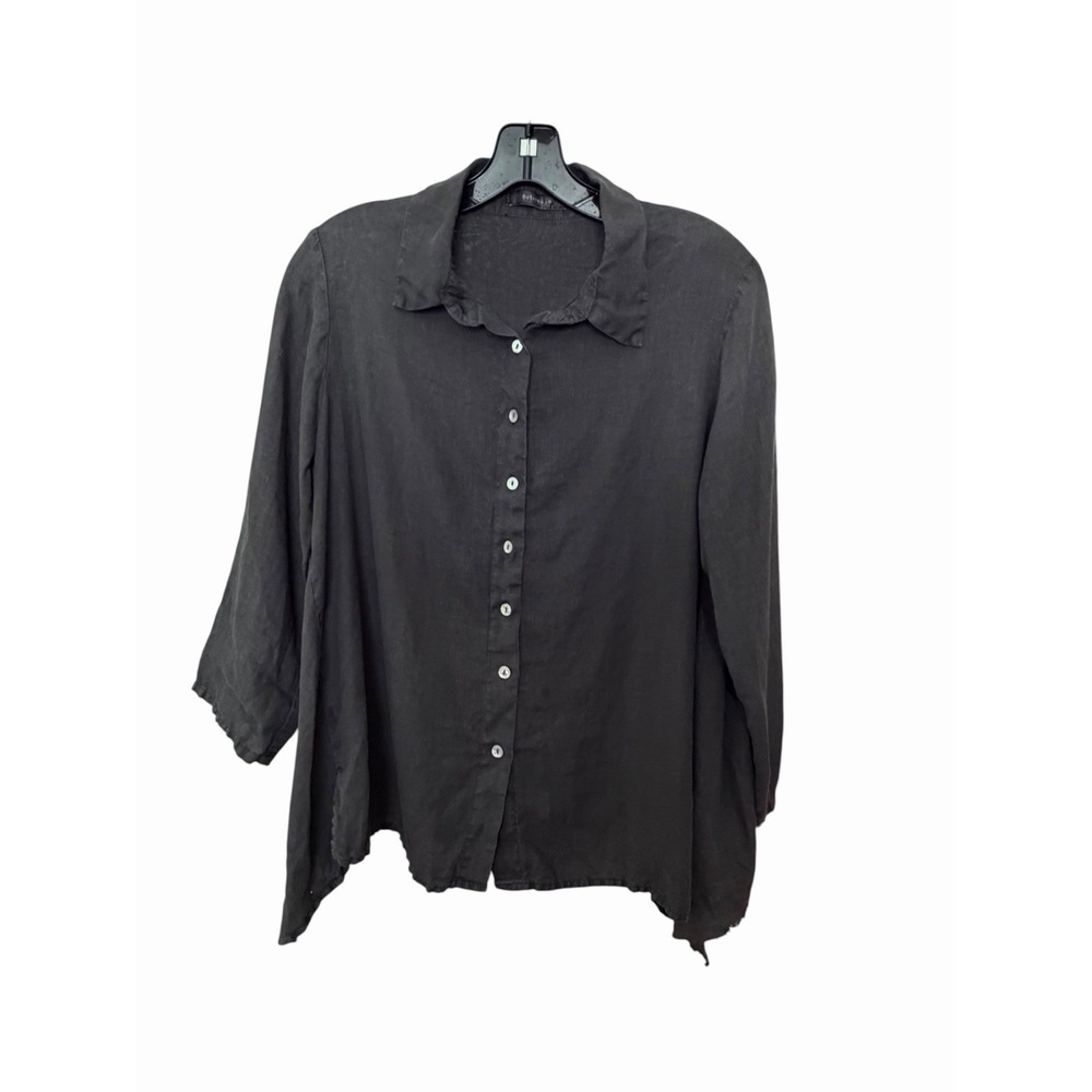 Cut Loose Shirt Women's XS 100% Linen Lagenlook Black Destroyed Hem Button FF3-3